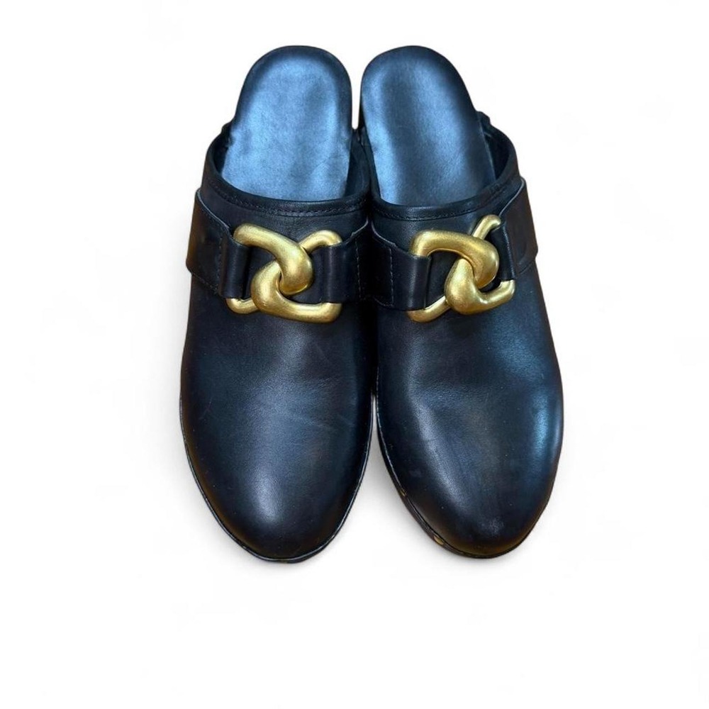 Aerosoles Crosby Black Leather Gold Chain Studded Platform Clog Mules
